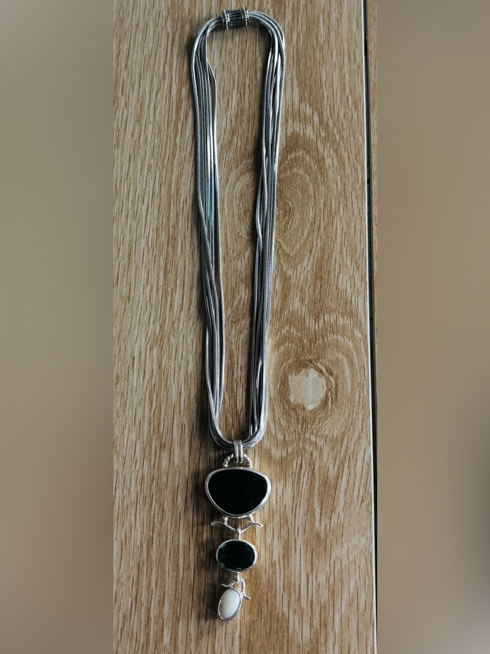 Sterling Silver Multi Strand Necklace with onyx, pearl and Angelite pendant